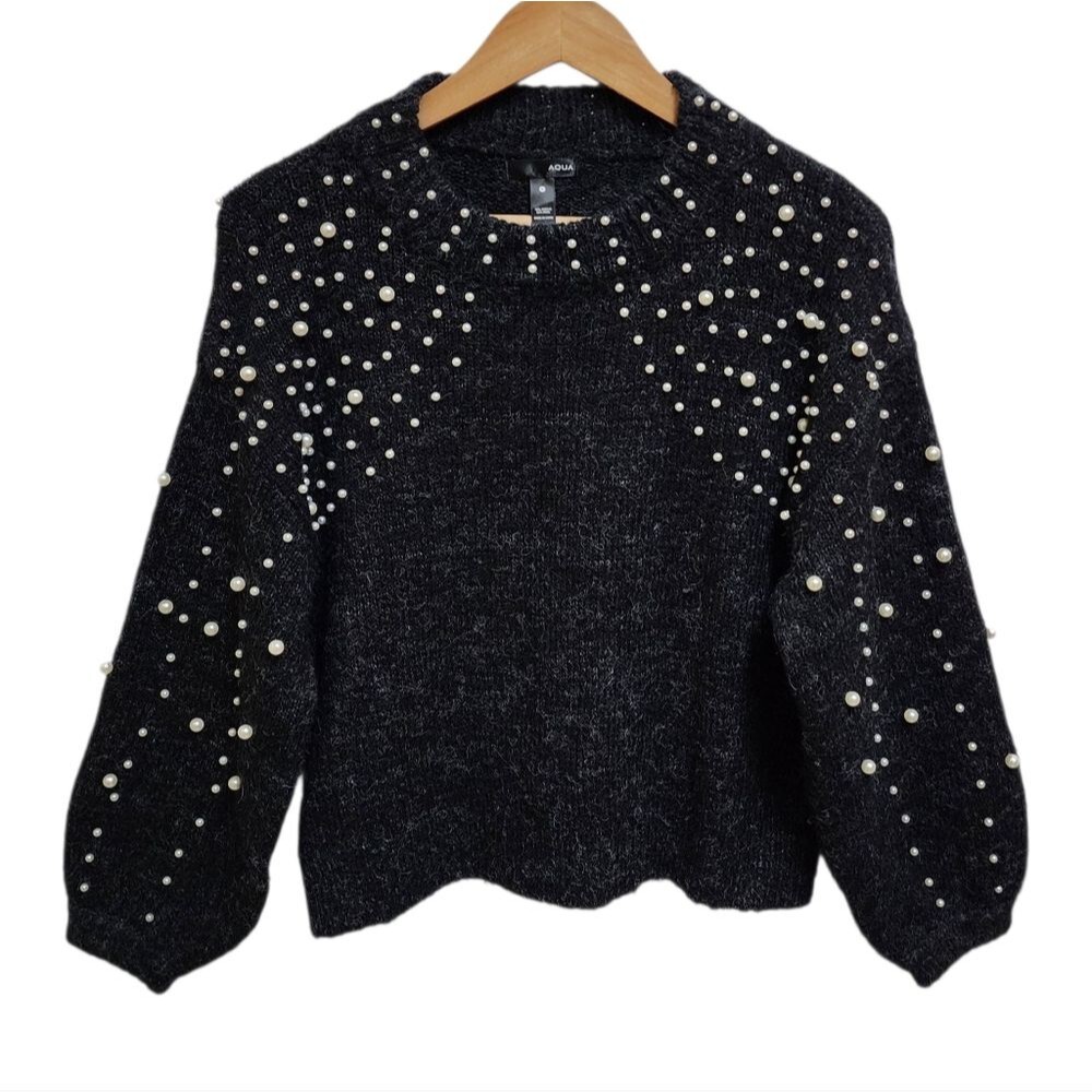 Aqua Sweater Women Sz S Black Wool Blend Faux Pearl Long Slv Crew Pullover Party